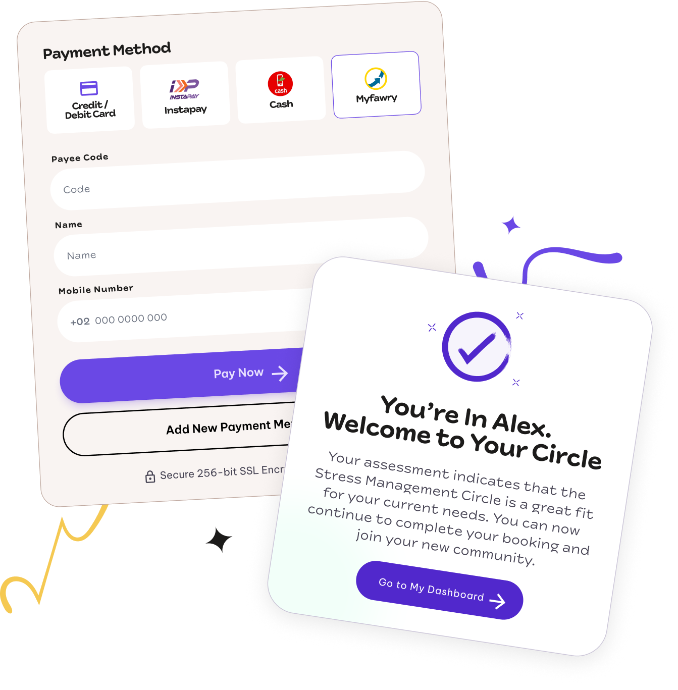 Payment method selection and Circle welcome confirmation