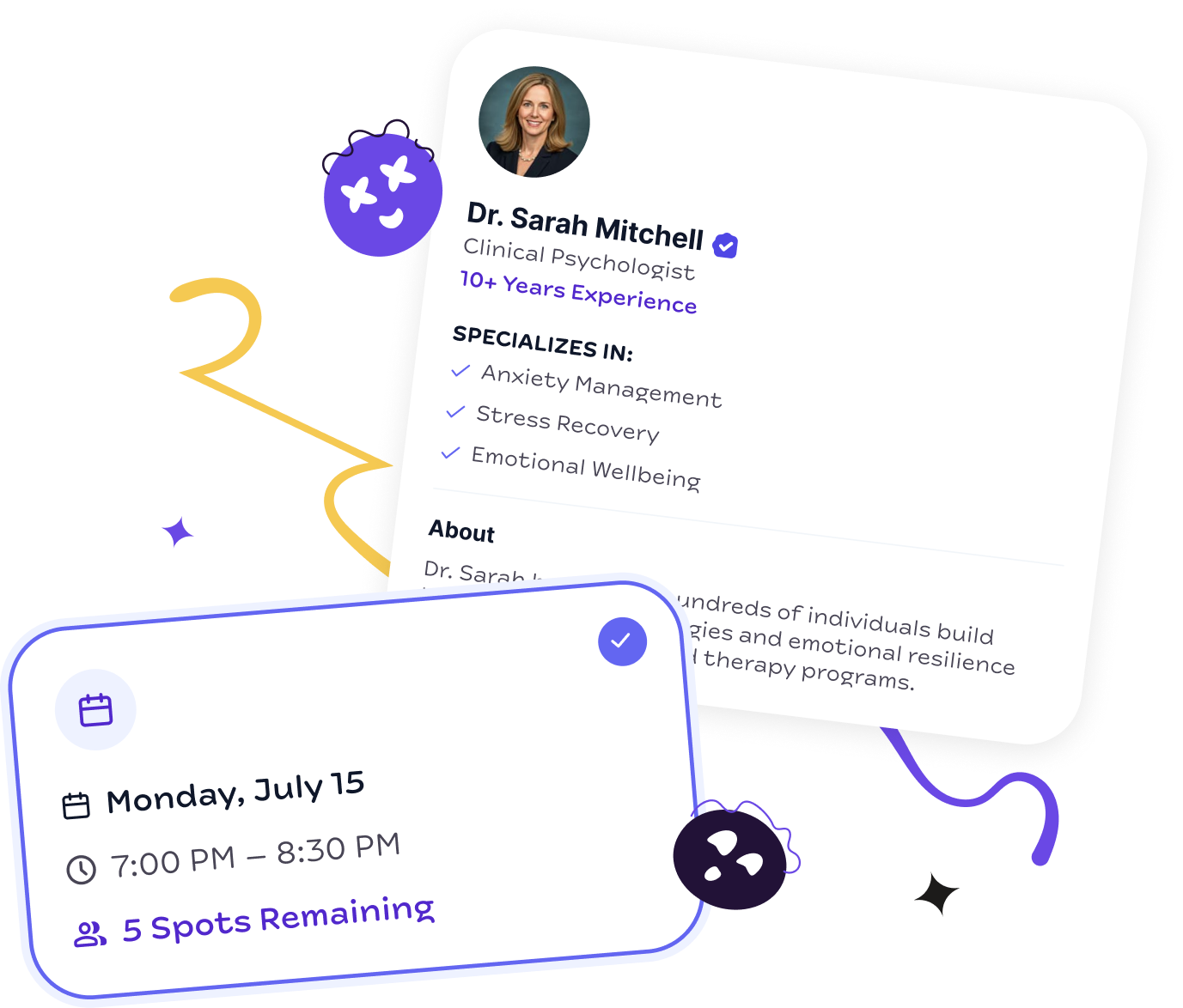 Therapist profile card and confirmed session details