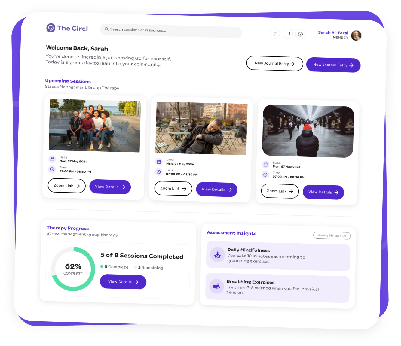 The Circl member dashboard with sessions and progress